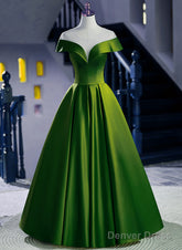 A-Line Green Satin Floor Length Party Dress, Green Long Formal Dress
